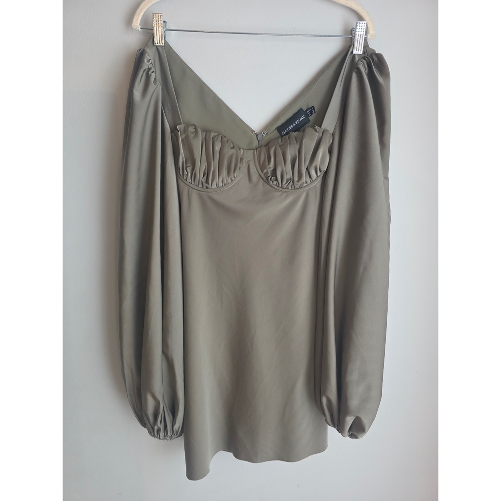Jagger & Stone Olive Green Ruched Bustier Puff Sleeve Mini Dress Size 4